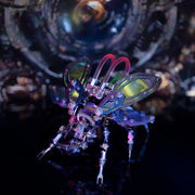 Colorful mechanical bee figure on a dark background