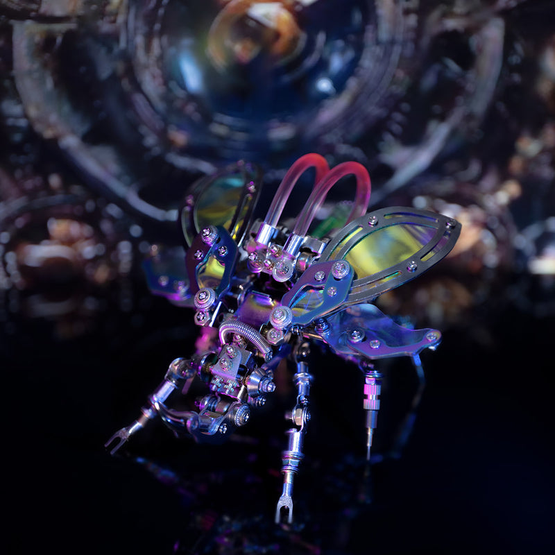 Colorful mechanical bee figure on a dark background
