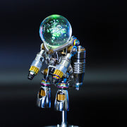 Metallic robot figure with a glowing green sphere on a black background