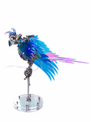 Metallic parrot sculpture with blue and pink feathers on a white background