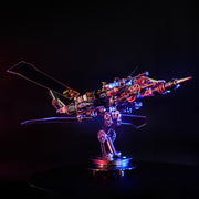 Metallic dragon sculpture with glowing lights on a dark background