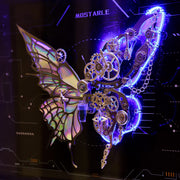 Butterfly-shaped mechanical design with gears and lights on a dark background