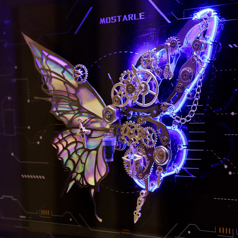 Butterfly-shaped mechanical design with gears and lights on a dark background