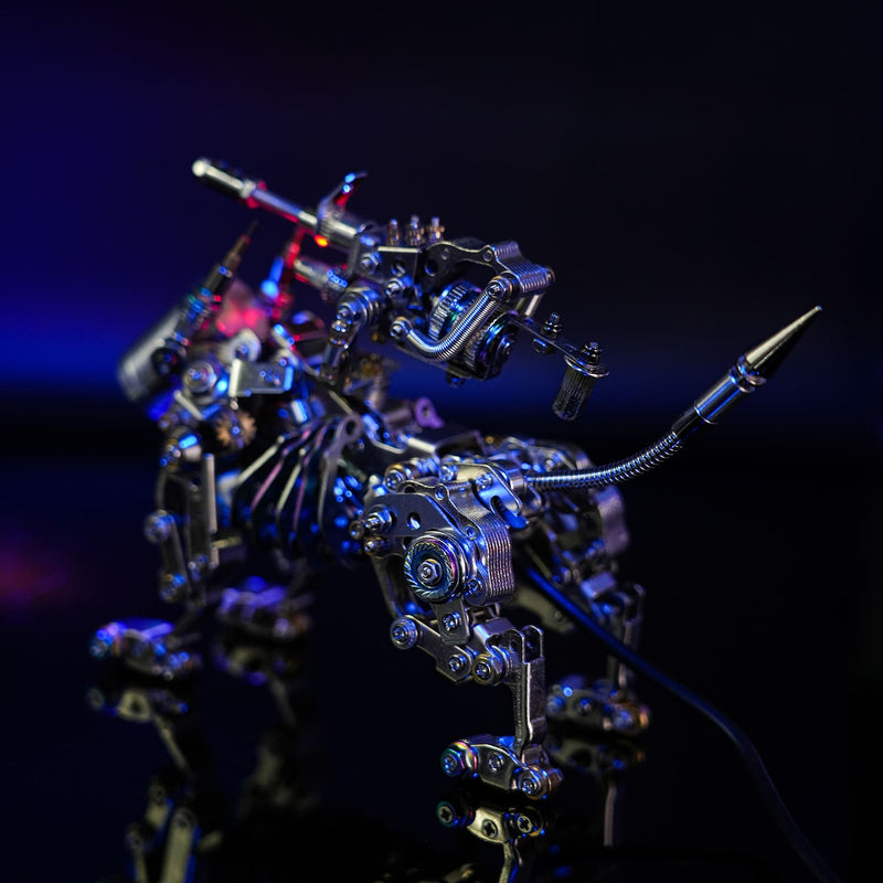 Metallic dragon sculpture with intricate details on a dark background