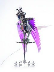 Metallic sculpture with purple accents on a white background