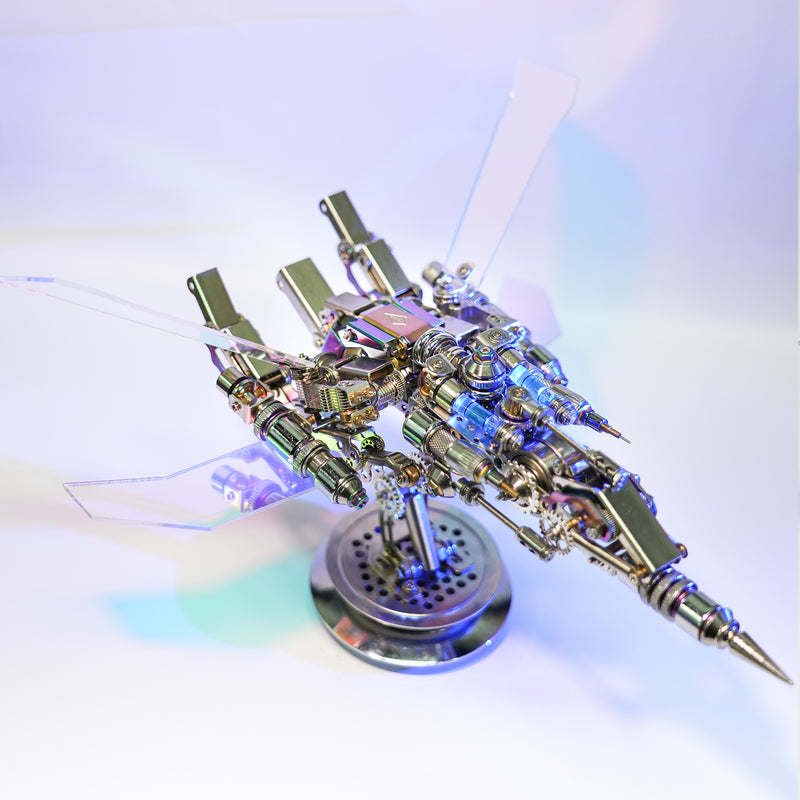 Metallic model of a spaceship on a stand with a gradient background