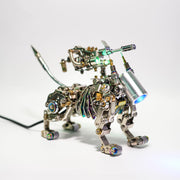 Mechanical tiger sculpture with intricate details on a white background
