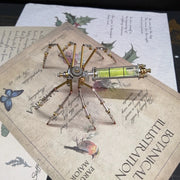 Steampunk-style mechanical spider toy on vintage botanical illustration book