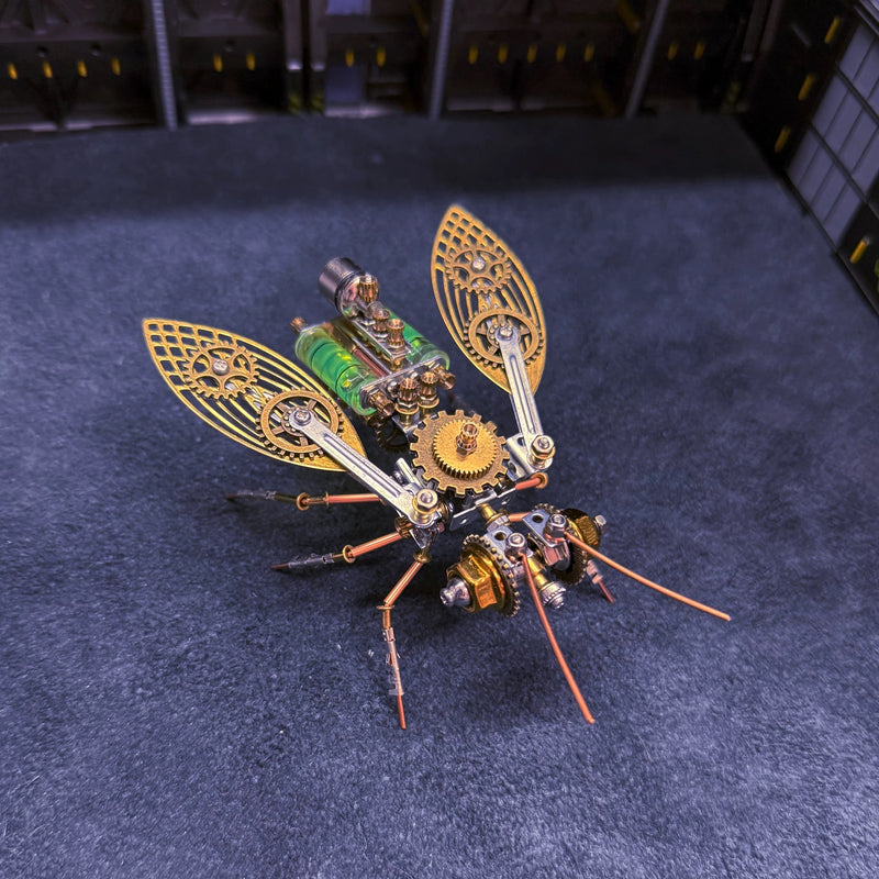 Mechanical insect model with gears on a dark blue surface