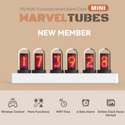 Marvel Tubes smart alarm clock with digital display on a beige background