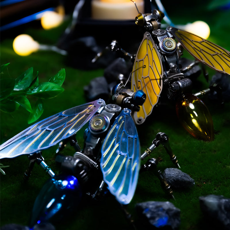 Metallic insect figurines with glowing wings on a dark background