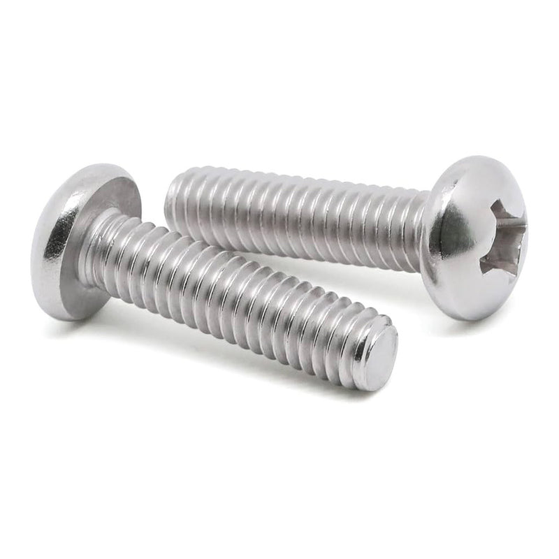 Two shiny metal screws on a white background
