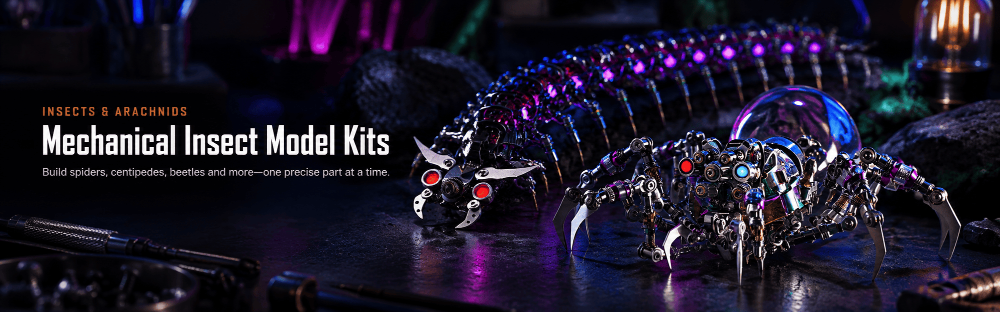 Mechanical centipede and spider model kits displayed in a dark workshop