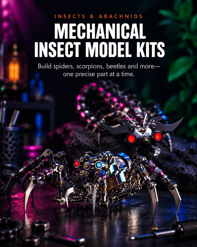 Mechanical insect model kits featuring a centipede and spider