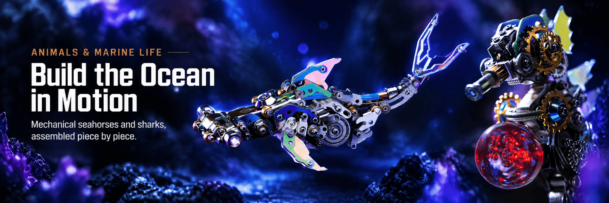 Mechanical seahorse and hammerhead shark metal model kits in an ocean-inspired scene