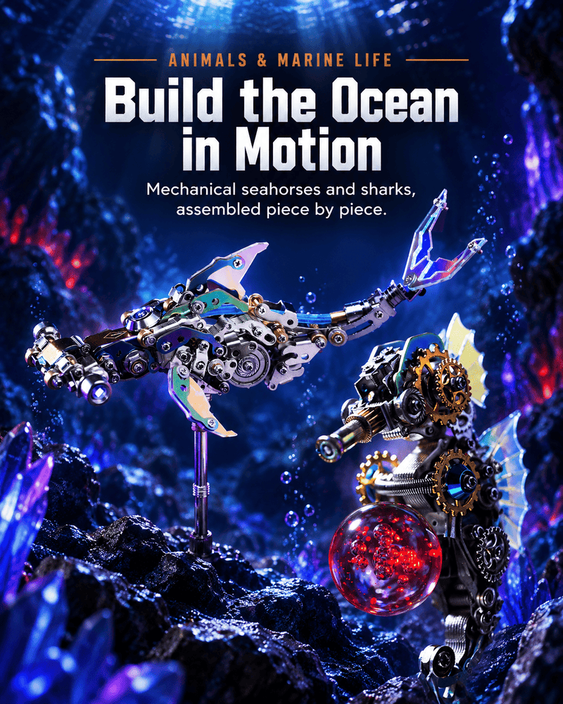 Mostarle mechanical seahorse and hammerhead shark marine life model kits
